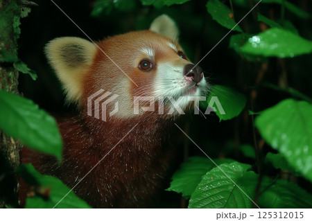 Close-Up of a Curious Red Panda Amidst Lush Green Leaves 125312015