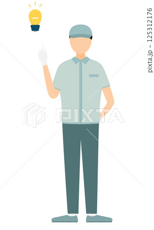 帽子をかぶった作業員の男性がポイントを教えるシンプルなイラスト 125312176