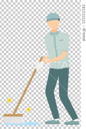 帽子をかぶった作業員の男性がモップで拭き掃除をするシンプルなイラスト 125312182