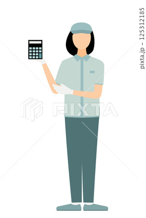 帽子をかぶった作業員の女性が予算と見積を示すシンプルなイラスト 125312185