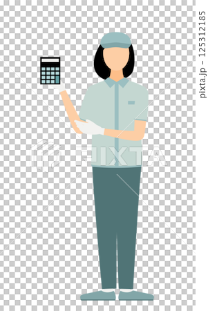 帽子をかぶった作業員の女性が予算と見積を示すシンプルなイラスト 125312185