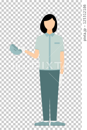 帽子をかぶった作業員の女性が帽子を脱いで挨拶するシンプルなイラスト 125312186