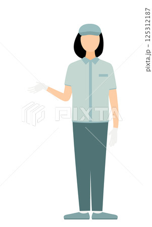 帽子をかぶった作業員の女性が身振りを交えて話すシンプルなイラスト 帽子をかぶった作業員の女性が身振りを交えて話すシンプルなイラスト 125312187