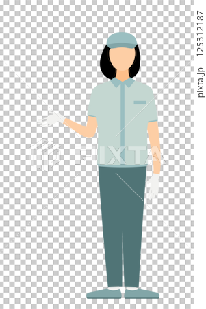 帽子をかぶった作業員の女性が身振りを交えて話すシンプルなイラスト 帽子をかぶった作業員の女性が身振りを交えて話すシンプルなイラスト 125312187