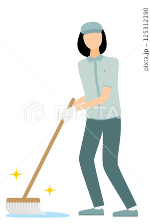帽子をかぶった作業員の女性がモップで拭き掃除をするシンプルなイラスト 125312190