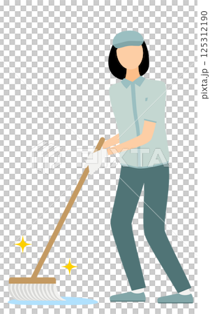 帽子をかぶった作業員の女性がモップで拭き掃除をするシンプルなイラスト 125312190