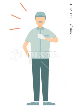 帽子をかぶった作業員のシニア男性が胸を叩くシンプルなイラスト 125312191