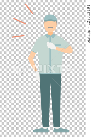帽子をかぶった作業員のシニア男性が胸を叩くシンプルなイラスト 125312191