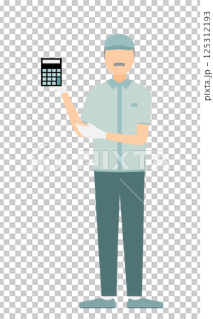A simple illustration of a senior male worker wearing a hat showing a budget and estimate 125312193