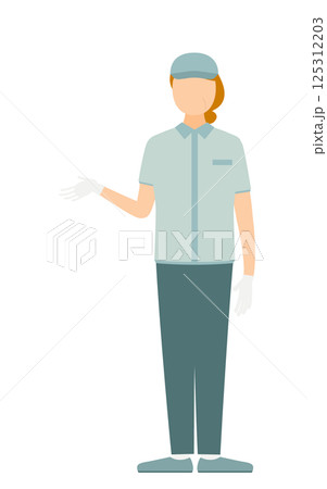 帽子をかぶった作業員のシニア女性が身振りを交えて話すシンプルなイラスト 125312203