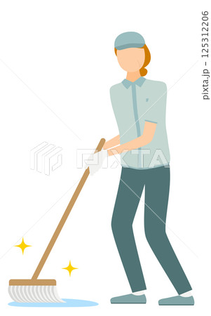帽子をかぶった作業員のシニア女性がモップで拭き掃除をするシンプルなイラスト 125312206
