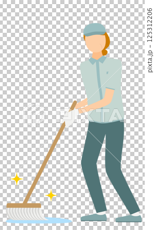 A simple illustration of a senior woman worker wearing a hat wiping with a mop 125312206