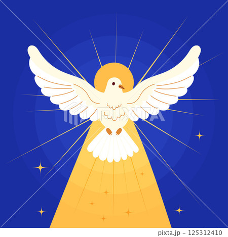 Pentecost Sunday Holy Spirit Banner. White Dove with Halo and Divine Light on Blue Background. Catholic or Christian Religious Culture Holiday. Square Poster for Biblical Series. Vector Illustration Pentecost Sunday Holy Spirit Banner. White Dove with Halo and Divine Light on Blue Background. Catholic or Christian Religious Culture Holiday. Square Poster for Biblical Series. Vector Illustration 125312410