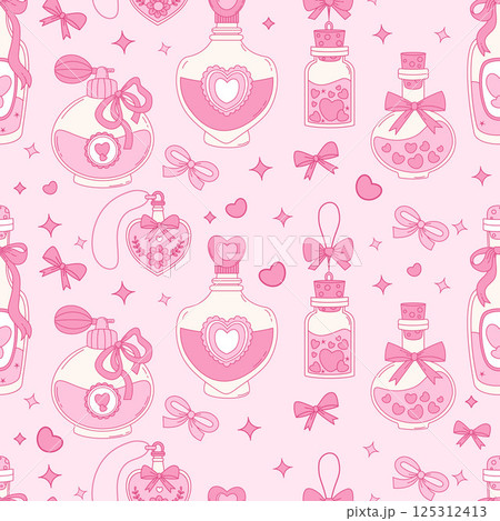 Vintage  Seamless Pattern. Coquette Magic Bottles and Perfume with Ribbon Bow on Pink Background. Romantic Girly Vibe. Trendy aesthetic backdrop template. Vector illustration 125312413