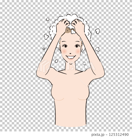 シャンプーを泡だてしっかり洗髪する女性 125312490