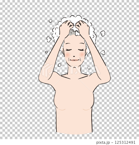 シャンプーを泡だてしっかり洗髪する女性 125312491