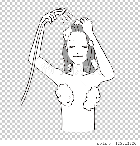 A woman rinsing her shampooed hair in the shower A woman rinsing her shampooed hair in the shower 125312526