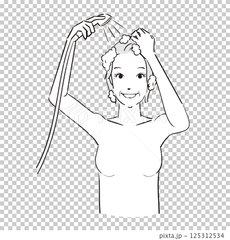 一位女士在淋浴間沖洗洗過的頭髮 125312534