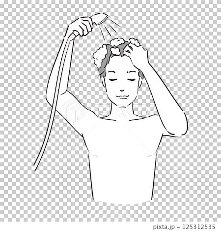 一名男子在淋浴間沖洗洗過的頭髮 125312535