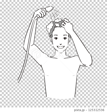 A man rinsing his shampooed hair in the shower 125312536