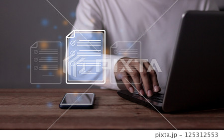 Young man hand with laptop to sign a Online Business Contract, Contract signing, Young man hand with laptop to sign a Online Business Contract, Contract signing, 125312553