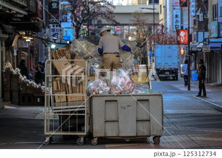 Waste Collection Worker Organizing Garbage in Urban Alleyway Dec 9 2024 125312734