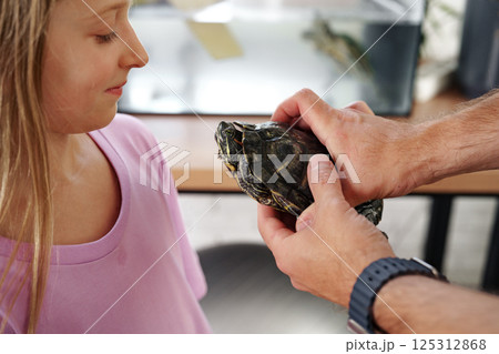 Young girl in a purple shirt sits on the floor with a pet turtle in a cozy living room setting Young girl in a purple shirt sits on the floor with a pet turtle in a cozy living room setting 125312868