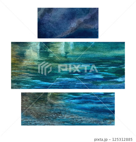 Watercolor illustrations of various emerald blue sea water textures with highlights and reflections. Hand painted template. Perfect for game design, fantasy cards, scrapbooking, nature themed project 125312885