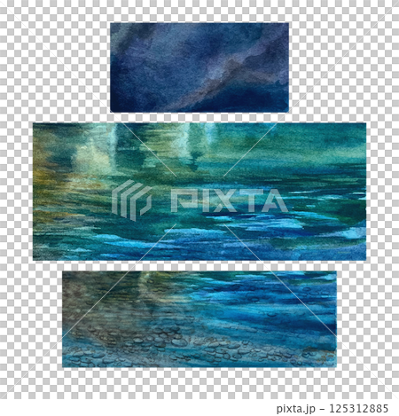 Watercolor illustrations of various emerald blue sea water textures with highlights and reflections. Hand painted template. Perfect for game design, fantasy cards, scrapbooking, nature themed project 125312885