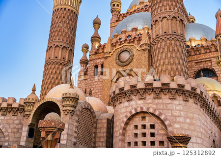 Stunning architecture of a traditional castle with elaborate towers and detailed walls in a sunny outdoor setting Stunning architecture of a traditional castle with elaborate towers and detailed walls in a sunny outdoor setting 125312892