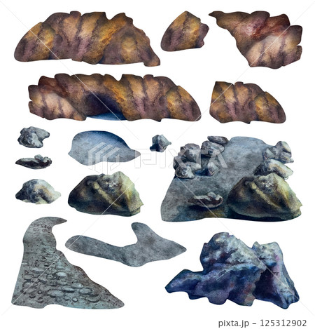 Watercolor illustration of various rocky elements, caves, boulders, paths, and ground textures. Hand-painted in earthy tones. Ideal for game design, fantasy maps, scrapbooking, nature-themed projects Watercolor illustration of various rocky elements, caves, boulders, paths, and ground textures. Hand-painted in earthy tones. Ideal for game design, fantasy maps, scrapbooking, nature-themed projects 125312902