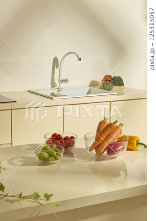 Fresh vegetables and colorful fruits with many vitamins good for health, are organic ingredients to prepare many delicious dishes. The kitchen scene behind with the sink and electric stove. 125313057