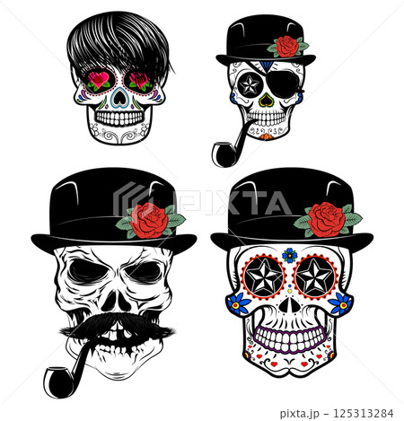 skulls with beard and hair. Vector design elements for label, logo, emblem, poster, t-shirt print template. Skull with beard and smoking pipe. 125313284