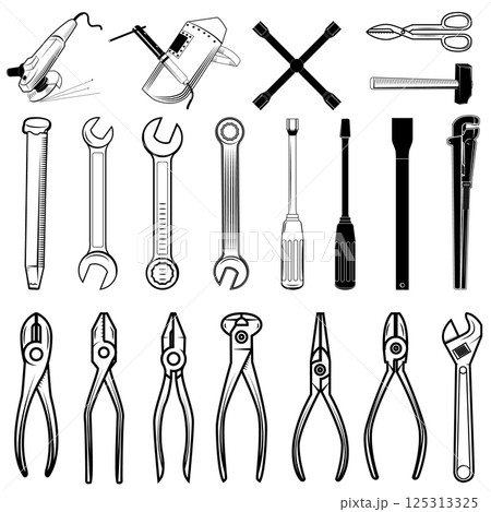 Set of repair tools in vector. Vector elements for logo, label and emblems design. Vector illustration. Set of repair tools in vector. Vector elements for logo, label and emblems design. Vector illustration. 125313325
