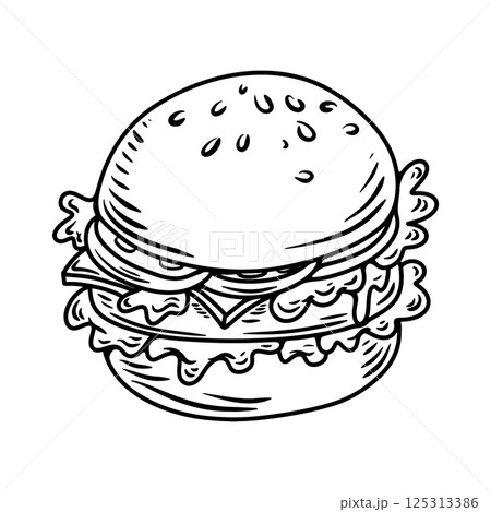 Set of hand drawn hamburger, burger. Set of doodle style hamburger, burger. Vector illustration 125313386