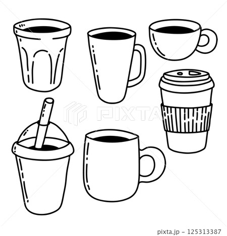 Set of hand drawn coffee cups. Set of doodle style coffee cups. Vector illustration 125313387