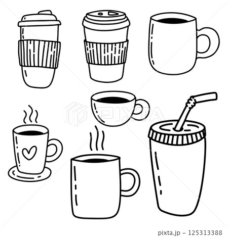 Set of hand drawn coffee cups. Set of doodle style coffee cups. Vector illustration 125313388