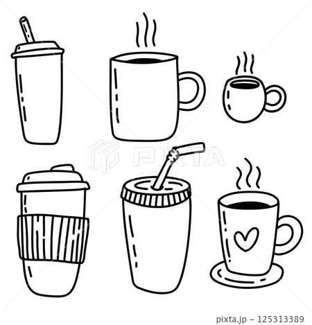 Set of hand drawn coffee cups. Set of doodle style coffee cups. Vector illustration 125313389