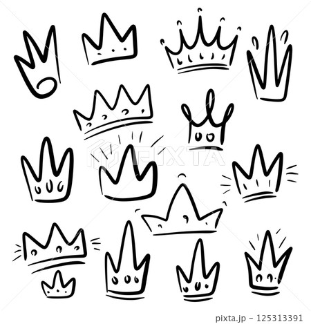 Set of hand drawn crowns. Set of doodle style crowns. Vector illustration 125313391