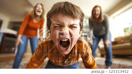 A child cries while parents argue in the background. The crying child highlights the emotional pain and turmoil caused by parental arguments. Generative AI. 125313452