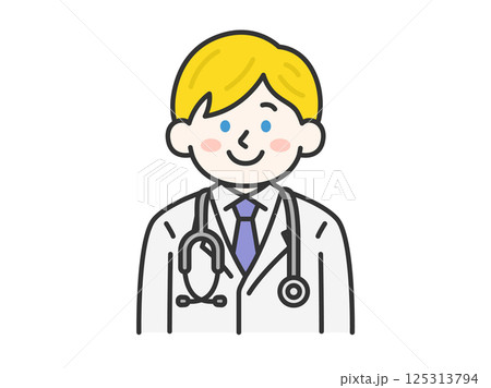 白衣を着て聴診器をつけた、白人の男性医師（線画カラー）のイラスト 125313794