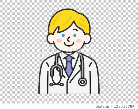 白衣を着て聴診器をつけた、白人の男性医師（線画カラー）のイラスト 125313794