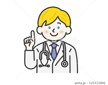 提案する、白衣を着て聴診器をつけた、白人の男性医師（線画カラー）のイラスト 125313800