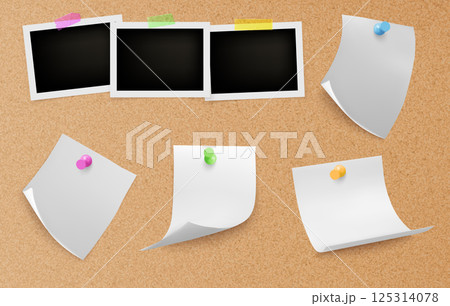 Cork board texture background with pinned papers Cork board texture background with pinned papers 125314078