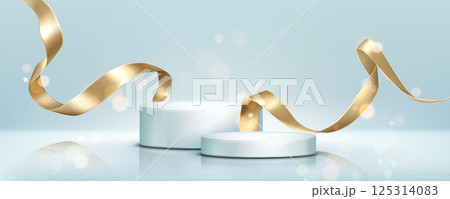 Gold ribbon streamers and round podiums Gold ribbon streamers and round podiums 125314083