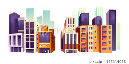 City crossroad buildings set isolated on white 125314088
