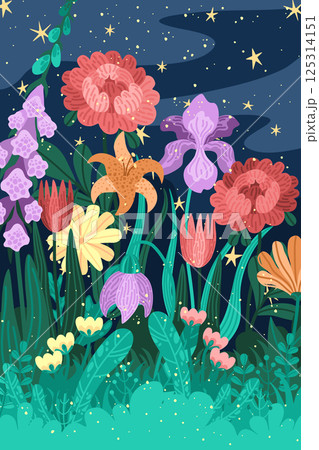 Blooming flowers postcard in mystical night garden. Vector floral design with detailed plants and greenery. Starry night sky and lush foliage background. Bright garden bouquet for print projects 125314151