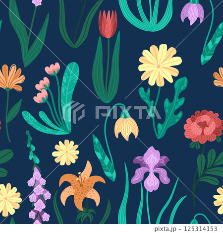 Seamless floral pattern with wildflowers and leaves. Colorful botanical repeat design on dark blue background. Vector texture with lilies, daisies, peony and greenery. For fabric, wallpaper, wrapping Seamless floral pattern with wildflowers and leaves. Colorful botanical repeat design on dark blue background. Vector texture with lilies, daisies, peony and greenery. For fabric, wallpaper, wrapping 125314153