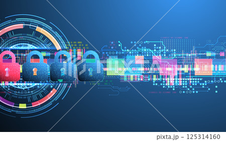 Digital cybersecurity concept with padlocks symbolizing data protection and security. Vector technology background. Digital cybersecurity concept with padlocks symbolizing data protection and security. Vector technology background. 125314160