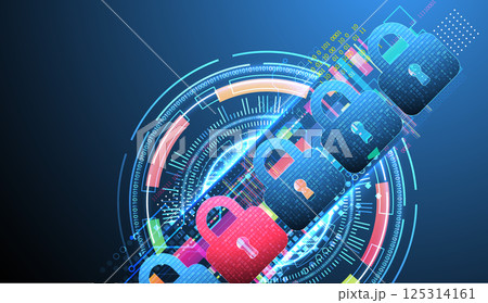 Digital cybersecurity concept with padlocks symbolizing data protection and security. Vector technology background. Digital cybersecurity concept with padlocks symbolizing data protection and security. Vector technology background. 125314161